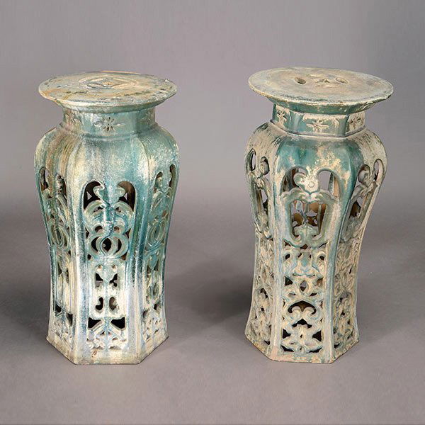 Pr Chinese Republic Lead Glazed Plant Stands: Pair Chinese Green Pierced Lead Glazed Earthenware Plant Stands, Republic Period {Height 29 inches; diameter 14 1/2 inches} [Some degradation of the glaze surface and repair to the rim of one of the s