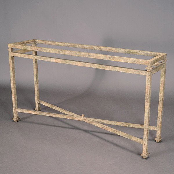Iron Console Table with Glass Top: Contemporary Iron Console Table with Glass Top in the Neoclassical Taste {Dimensions 31 x 56 x 14 inches} Sold to benefit HIP Housing in San Mateo, California. For additional information refer to page