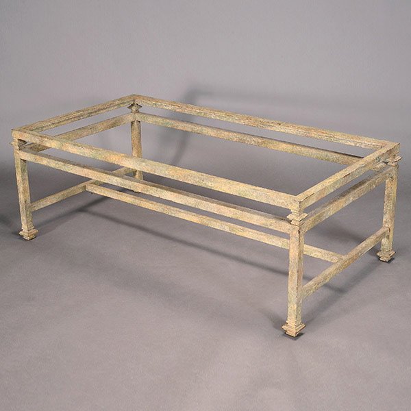 Contemporary Iron Coffee Table with Glass Top: Contemporary Iron Coffee Table with Glass Top in the Neoclassical Taste {Dimensions 18 x 50 x 27 inches} Sold to benefit HIP Housing in San Mateo, California. For additional information refer to page