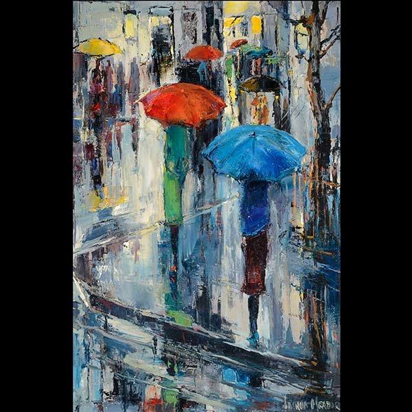 Rain People Oil on Canvas, Joshua Meador: JOSHUA LAWRENCE MEADOR (Californian 1911-1965) "Rain People" Oil on canvas. 27 x 18 inches. Signed l/r "Joshua Meador". Verso: Signed, numbered and titled. PROVENANCE: From private collection, Corte M
