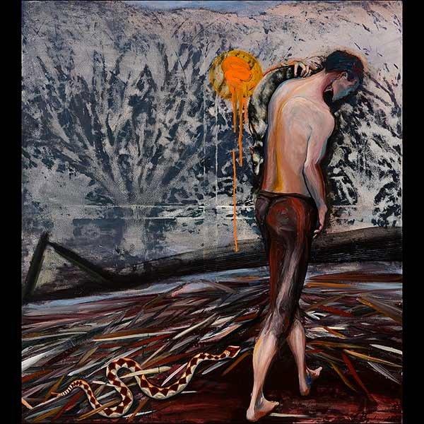 Contemporary Oil painting with devil by Barbieri: JONATHAN BARBIERI (American b.1955) "Knight with Death and the Devil" Oil on canvas. 57 114 x 50 inches. Signed l/r J Barbieri 1986"