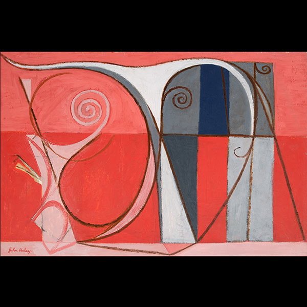 Abrstract oil 1950 John Haley: JOHN CHARLES HALEY (Californian 1905-1991) "Bull" Oil on masonite. 20 x 30 inches. Signed l/r "John Haley" and label verso "John Haley Bull 1950". NOTES: Unframed.