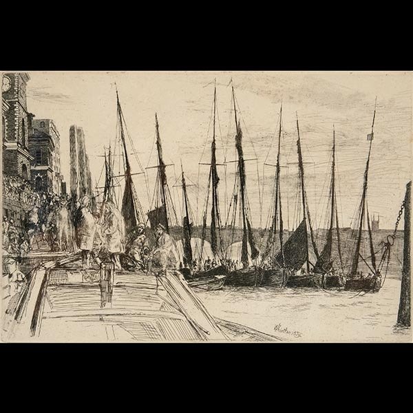 JAMES WHISTLER, Etching Billingsgate: JAMES A MCNEILL WHISTLER (American 1834 - 1903) "Billingsgate" Etching. Plate: 6 x 9 inches. Signed and dated in plate l/r: Whistler 1859. (Condition: A light area of surface soiling on the edge of th