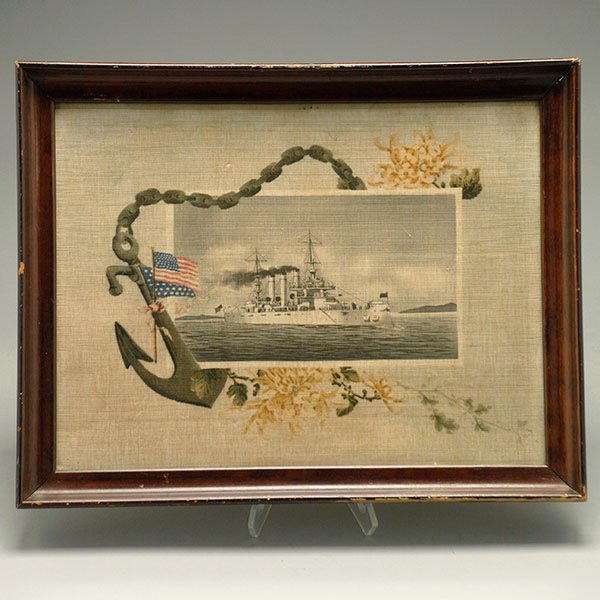 Framed Embroidery of a Great White Fleet Flag Ship: Framed Embroidery of a Great White Fleet Flag Ship, encircled by mums and an anchor {Dimensions of frame 18 1/2 x 23 1/2 inches}