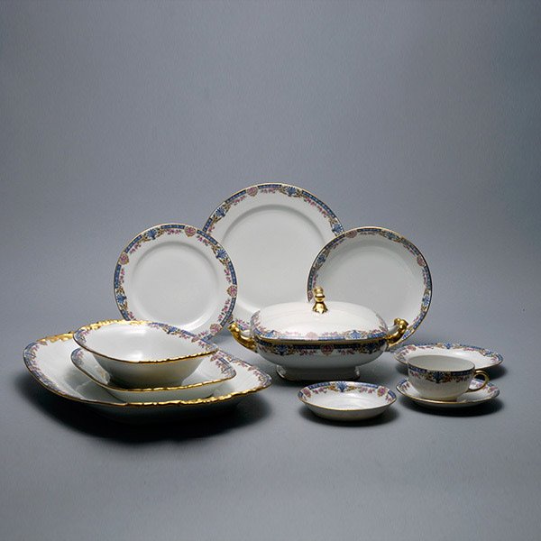 Limoges Jean Pouyat China Service:: Limoges Jean Pouyat China Service: Comprising eleven dinner plates {diameter 9 3/4 inches}; nine salad plates {diameter 7 3/4 inches}; nine bread plates; ten soup bowls {diameter 7 1/2 inches}; twelve
