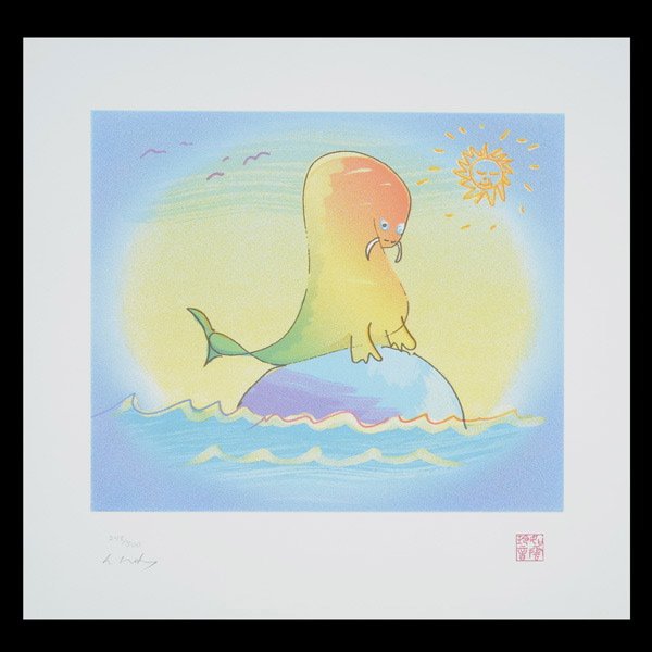 JOHN LENNON "A Walrus Wading" Print: JOHN LENNON (British 1940 - 1980) "A Walrus Wading, 1999" Serigraph on Stonehenge paper. Image: 10 X 11 1/2 inches. Signed and numbered in pencil l/l "Yoko Ono, 248/300". Embossed signature l/r "John 
