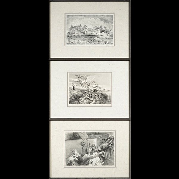 3 WPA lithographs on paper, signed: 3 WPA period lithographs on paper "Minnesota Farmyard" by Adolf Dehn, signed. "Old Man Towne Bought a New Scythe" by John S. DeMartelly signed. "The Strike is Won" by Harry Gottlieb. Lithograph on pap