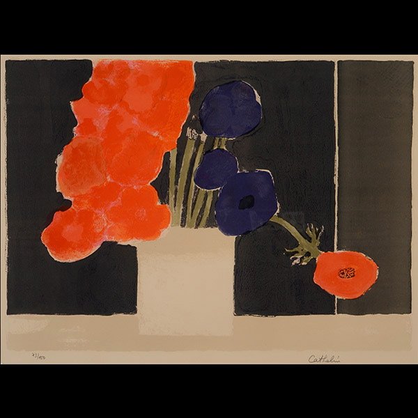 Expressionist Still Life French 20th C, Cathelin: BERNARD CATHELIN (French 20th Century) "Untitled - Abstract Aneomes" Color lithograph on paper. 18 x 25 inches Signed in pencil l/r and numbered l/l "73/150".
