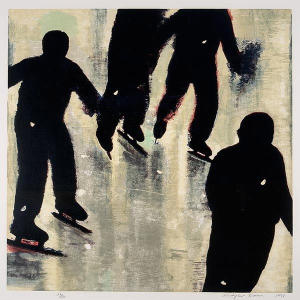 Abstract Expressionist Woodcut Print: CHRISTOPHER BROWN (American 20th/21st Century) "Winter Mirror" 12 color woodcut print on paper. 30 x 30 inches. Signed and dated in pencil l/r "Christopher Brown 1991" and number "27/50".