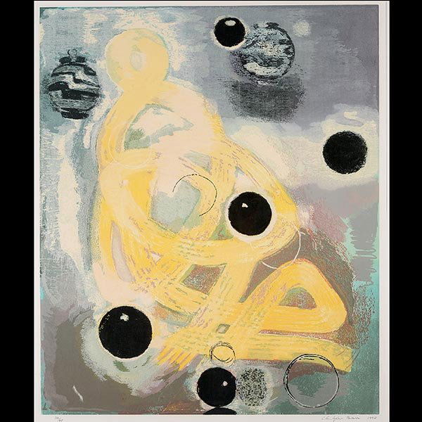 Color Woodcut Print on Paper, Christopher Brown: CHRISTOPHER BROWN (Californian b. 1951) "Circles, Smoke & Braid" Color woodcut print on paper. 36 x 31 inches. Signed and dated l/r "Christopher Brown 1990" and numbered l/l "36/40".
