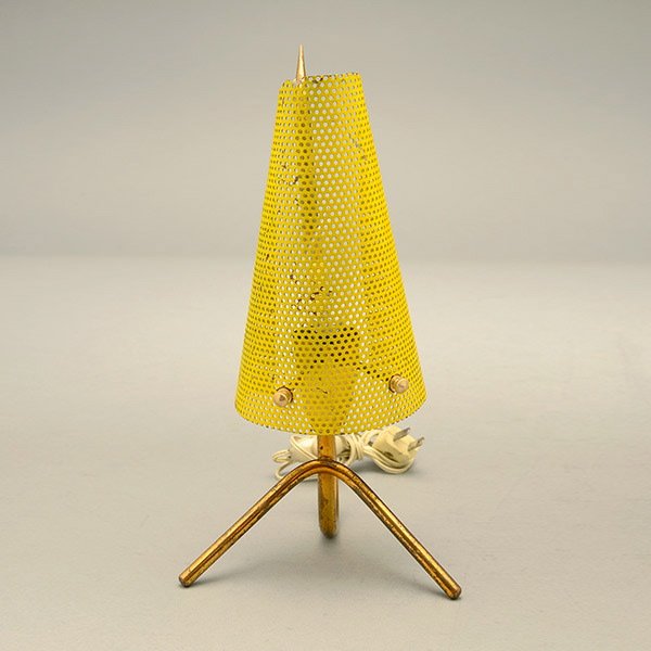 Small Artemied Style Italian Lamp.: Small Artemied Style Italian Lamp. With yellow perforated shade and brass lamp stand. Measures approximately 10 1/2 inches in height and 6 inches in width at the largest base point.