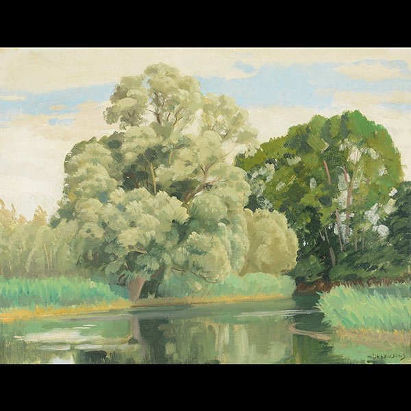 Painting, French Landscape, early 20th century: JEAN DESPUJOLS (French 1886-1965) "In the Forest of Fontainebleau, 1928" Oil on canvas. Sight: 18 x 24 1/2 inches. Signed l/r. Label and annotation verso. (CONDITION: Good overall condition. Inscribed