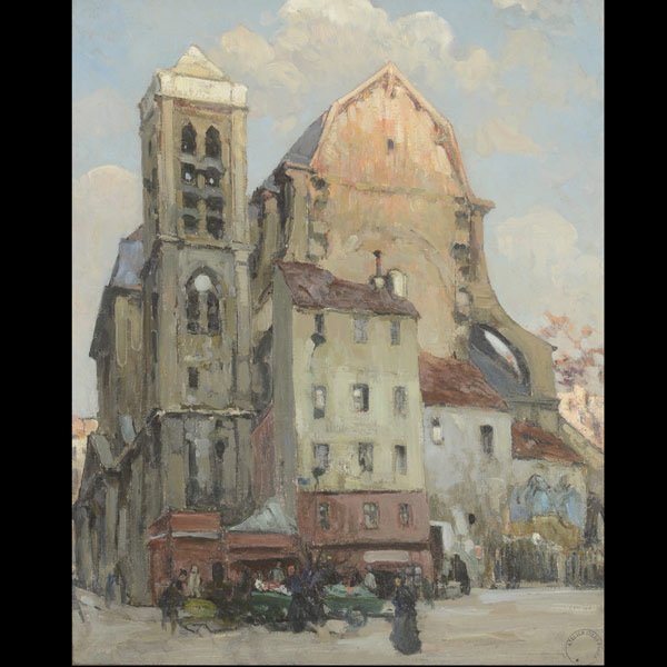 JULES EUGENE PAGES A Busy Evening Oil: JULES EUGENE PAGES (American/French 1867-1946) A Busy Evening on a French Street Oil on canvas 21.75 x 18.25 inches/ 55.2 x 46.3 centimeters Stamped lower right "Atelier Jules Pages" Verso: Illegible 