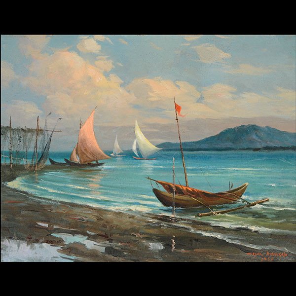 Painting, Philippines Port Scene, 1945: CESAR ARMORSOLO "Philippines Port, 1945" Oil on canvas. 18 x 24 inches. Signed and dated l/r and signed verso.
