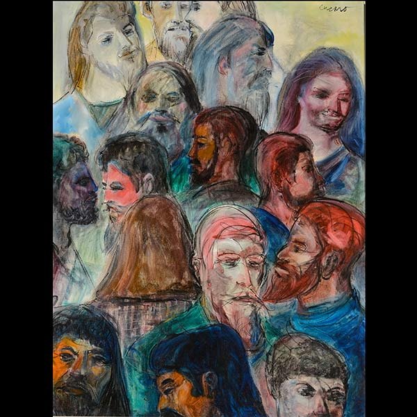 Oil on Canvas Portrait of Faces, CURARO : PASCAL CUCARO (Californian 1915-2004) "Faces in the Crowd" Oil on canvas. 40 x 30 inches. Signed upper right corner.