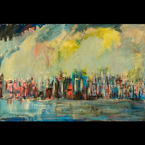 Abstract San Francisco Skyline CUCARO: PASCAL CUCARO (Californian 1915-2004) "San Francisco Skyline" Oil on canvas. 24 x 36 inches. Signed l/l.