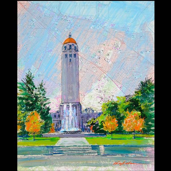HALLAM, Standford University painted on map: KERRY HALLAM (American b.1937) "Stanford University" Acrylic on paper (map). Sight: 22 1/2 x 18 inches. Signed l/r.