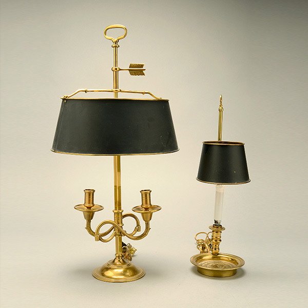 Two Brass Bouillotte Lamps, Frederick Cooper : Two Brass Bouillotte Lamps, both Frederick Cooper Chicago {Height of taller 26 inches; shorter 19 inches}