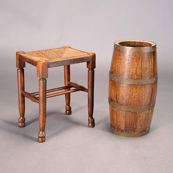 Oak Barrel Umbrella Stand & Stool: Vintage Oak Metal Mounted Barrel Fashioned as an Umbrella Stand, together with an oak rush seated stool {Height of barrel 21 inches; dimensions of stool 18 x 14 x 11 inches}