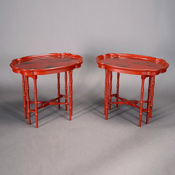 Pair of Asian Style Red Lacquer Tray Tables: Pair of Contemporary Japanned Red Lacquer Tray Tables on Faux Bamboo Stands {Dimensions 23 x 28 x 19 inches}