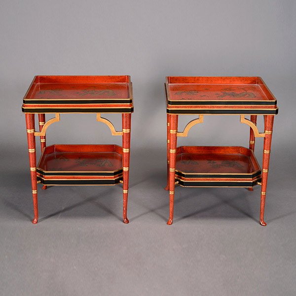 Pair of Contemporary Asian Style Tiered Tray Tables: Pair of Contemporary Japanned Style Lacquer Two Tiered Tray Tables with Faux Bamboo Legs {Dimensions 23 x 17 x 19 inches}