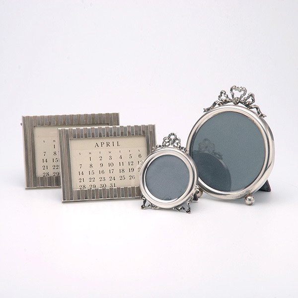 Two Sterling Frames & Two Tiffany Silver Calendars: Set of Two Graduated Venetian Sterling Frames and Two Tiffany Silver Mounted Calendars {Height of tallest Venetian 4 3/4 inches}