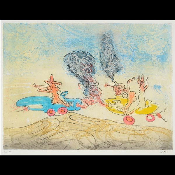 Chilean Surrealist color etching, ROBERTO MATTA: ROBERTO MATTA (Chilean 1911-2002) "Les Oh! Tomobiles" Color etching on japon paper. Sight: 16 1/2 x 22 inches. Signed in pencil l/r and numbered l/l "23/100". NOTES: Part of a series of ten.