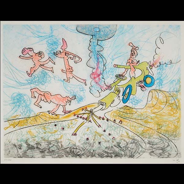 Chilean Surrealist color etching, ROBERTO MATTA: ROBERTO MATTA (Chilean 1911-2002) "Les Oh! Tomobiles" Color etching on japon paper. Sight: 16 1/2 x 22 inches. Signed in pencil l/r and numbered l/l "23/100". NOTES: Part of a series of ten.