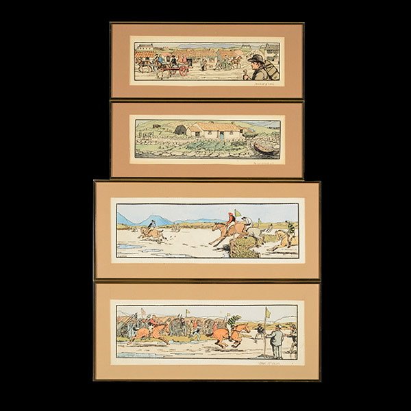 Jack B. Yeats 4 Irish Woodblock prints: JACK BUTLER YEATS (Irish 1871-1957) Two Pairs (4 works) "The Strand Races - Start and Finish" and "Irish Cottage" and "Irish Village" Handcolored woodblock on paper. 5 x 17 inches and 3 1/2 x 13 inche