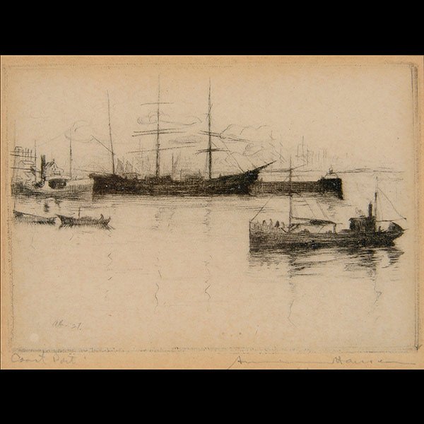 Armin Hansen Port Etching, Signed: ARMIN HANSEN (Californian 1886-1957) "Coast Port" Dry point etching on paper. Sight: 2 5/8 inches x 3 3/8 inches. Signed in pencil l/l.