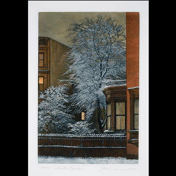 Winter Cityscape scene Mezzotint, F MERSHIMER: FREDERICK MERSHIMER (American b.1945) "Winter Garden" Mezzotint color etching on paper. Sight: 9 1/2 x 6 1/2 inches. Signed and dated in pencil l/r "2003" and numbered l/l "106/120".