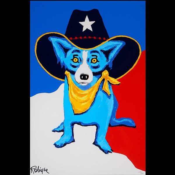 Print, Blue Dog by GEORGE RODRIGUE: GEORGE RODRIGUE (American b.1944) "I Want to be a Texas Ranger" Lithograph on paper. Sight: 25 x 17 inches. Signed in ink l/l and number l/r "278/800"