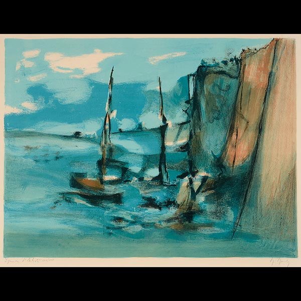 Print, MARCEL MOULY Seascape: MARCEL MOULY (French 1918-2008) "Untitled - Sailboats and Cliffs" Color lithograph on paper. 18 3/4 x 25 inches. Signed l/r and numbered l/l "Epreuves d'Artiste (Artist Proof) XXII/XXX".