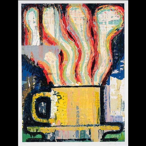 Signed Woodcut, Coffee Cup by AARON FINK: AARON FINK (American b.1955) "Steaming Cup 1990" Color woodcut print on paper. Sight: 32 x 24. Signed and dated l/lr "90" and numbered l/l "40/40".