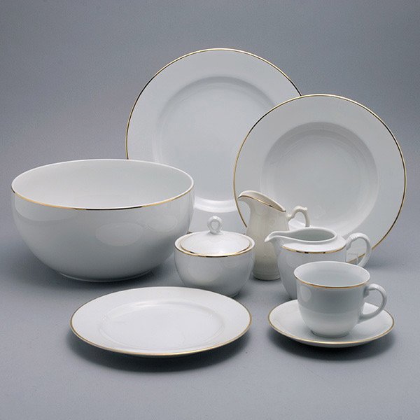 Christopher Stuart Ambassador Gold China Set: Suite of Christopher Stuart Ambassador Gold China, Y0208: Comprising eight dinner plates {diameter 10 1/2 inches}; eight salad plates {diameter 8 1/4 inches}; eight soup bowls {diameter 9 inches}; eig