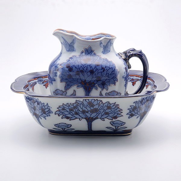 Royal Doulton Wash Set Including Pitcher and Basin: Royal Doulton Flow Blue Wash Set Including Pitcher and Basin {Height of Pitcher 10 1/4 inches; length of basin 16 1/2 inches}