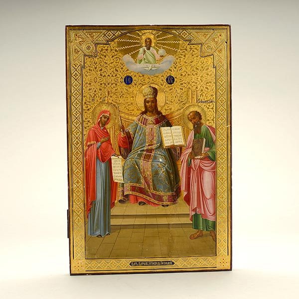 Russian Icon of Jesus with Two Attendants: Russian Icon of St. Nicholas with Two Attendant Saints, the elaborate gilt strapwork ground featuring the Saint dressed as a Bishop, flanked by St. Barbara and a Patron Saint, possibly Moses, with a C