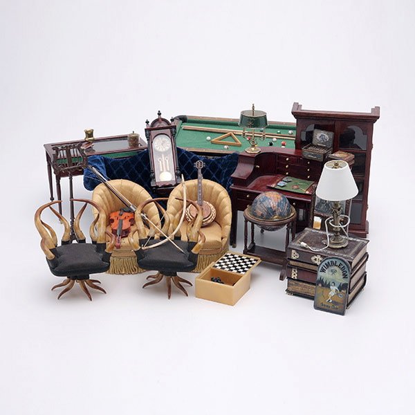Collection of Games Room Doll House Furniture:: Collection of Games Room Doll House Furniture: comprising pool table with accessories; pair of club chairs; two writing desks; book case; sofa; pair of faux horn swivel chairs; instruments and smoking