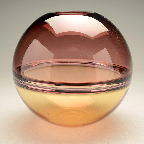 Alfredo Barbini Glass Vase.: Alfredo Barbini Glass Vase. Handblown, acid etched two tone spherical vase. Retains original plastic label. {10 1/2 x 9 1/2 inches approximately}