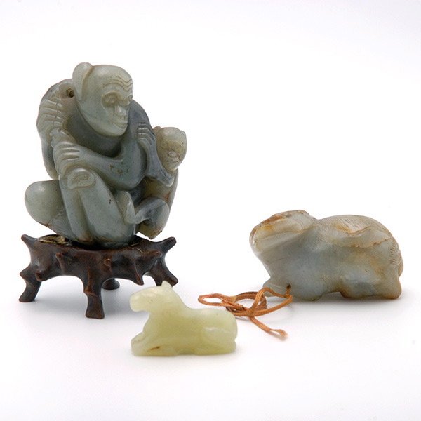 Three Small Jade Animal Carvings, Qing Dynasty: Three Small Jade Animal Carvings, Comprising a monkey group, a recumbent fu dog and a resting horse. Qing Dynasty, Longest: 2 3/8 inches (6 cm) [Chips. This condition report states major condition iss