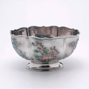 Chinese Export Silver & Enameled Punch Bowl, C.1900: A Chinese Export Silver and Enameled Punch Bowl, With a foliated rim on a spreading pedestal base, the sides applied with enameled chrysanthemum, orchid, iris, peony, prunus blossom with bird, and bam