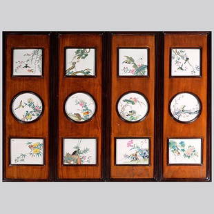 A Set of 12 Famille Rose Porcelain Plaques, 19th C.: A Set of Twelve Famille Rose Porcelain Plaques, With eight square and four circular plaques depicting various flowers and birds, all inset into four wood wall hanging panels with bronze hangers. 19th