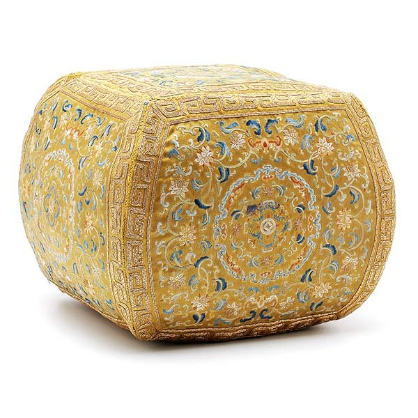 An Embroidered Yellow-Ground Square Elbow Rest: An Embroidered Yellow-Ground Square Elbow Rest, Finely embroidered in satin stitch and couched gilt-wrapped threads to each side with medallions of stylized lotus scrolls, bats and meandering clouds, 