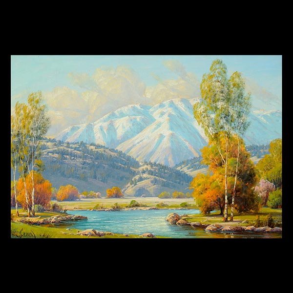 PAUL GRIMM, California Art, Golden Sierras: PAUL A GRIMM (Californian 1891-1974) Golden Sierras. Oil on canvas. 20 x 30 inches / 50.8 x 76.2 centimeters. Signed lower left: Paul Grimm. Titled and signed verso: "Golden Sierras" Paul Grimm. PROVE