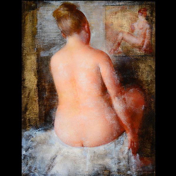 GRIGORY GLUCKMANN Nude Posing Mirror: GRIGORY GLUCKMANN (Russian born Californian 1898-1973) Nude Posing in Mirror. Oil on panel. 16 3/4 x 13 inches / 42.5 x 33 centimeters. Signed lower right: Gluckmann. PROVENANCE: Dalzell Hatfield Gall