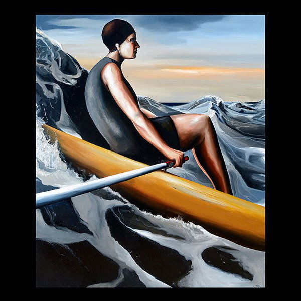 Eric Zener, American Art, Woman in Boat: ERIC ZENER (American, born 1966) Calm Woman in a Turbulent Sea, 1999. Oil on canvas. 66 x 54 inches / 167.6 x 137.1 centimeters. Signed lower right: Zener. Titled, dated and signed verso: Calm Woman i