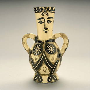 PABLO PICASSO Vase Edition Picasso Madoura: PABLO PICASSO (Spanish 1881-1973) Vase deux anses hautes, 1952. Partially glazed and painted black, white and gray pottery vase. Height: 15 1/4 inches / 38.7 cm. Inscribed Edition Picasso, with the Ma