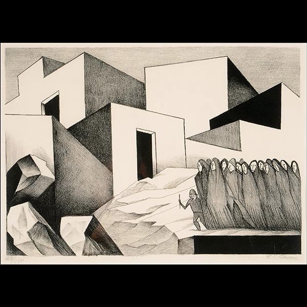 Jose Orozco, Lithograph Mexican Landscape: JOSE CLEMENTE OROZCO (Mexican 1883 - 1949) Figures outside the Village Dwellings. Lithograph. Image: 10 3/4 x 15 1/4 inches / 27.3 x 38.1 cm. Signed lower right: J. C. Orozco, Numbered lower left: 28/