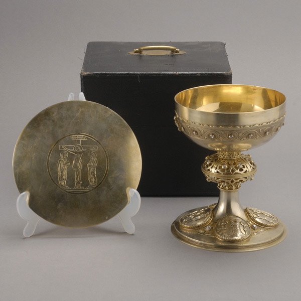 French Diamond Silver Gilt Cased Chalice: French Diamond Silver Gilt Cased Chalice with Cover. The wide bell shaped bowl with an applied band fitted with mine cut diamonds, pierced vine knob, mounted on a trumpet stem, spreading to a circular