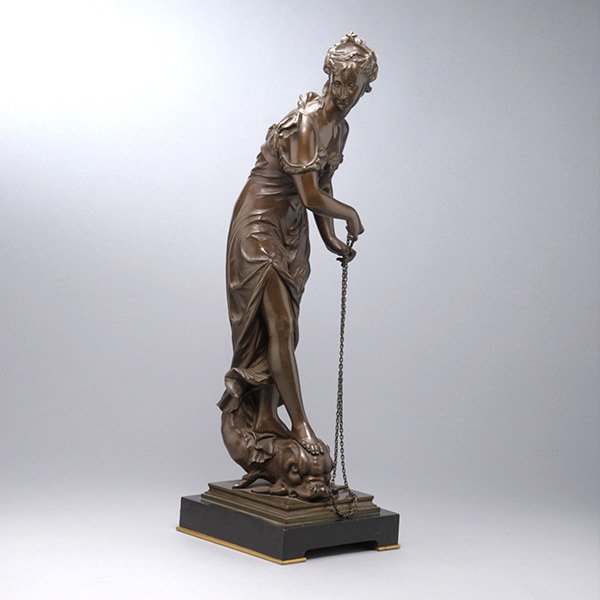 Eutrope Bouret Bronze Figure of Aphrodite: French Bronze Figure of Aphrodite. The classical female cast scantily dressed in a classical robe, her shoulders bare, posed with her torso bent, her arms pulling a link chain, posing in contraposto a